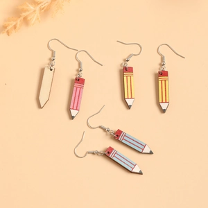 Creative wood pencil drop earrings set for teachers with various colorful striped patterns