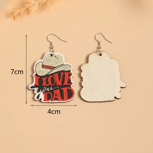 Detail view of western style wooden earrings for dad with size dimensions 7cm by 4cm