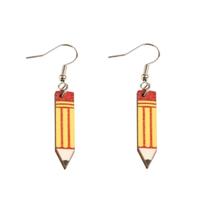 Creative wooden pencil hook earrings for teachers with vibrant yellow finish and silver hooks