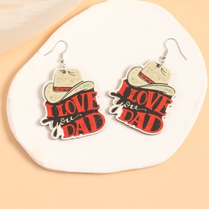 Detail of wooden Western style Father’s Day earrings featuring I Love You Dad printing