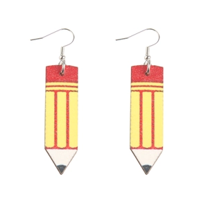 Boucles d'oreilles créatives en bois avec motif de crayon jaune pour enseignant et étudiant