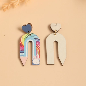 Rainbow pencil printed wooden U-shaped earrings with cute rabbit and heart studs