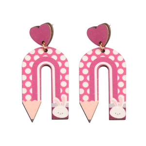 Pink heart studs with U-shaped pencil pendants featuring white polka dots and bunny prints