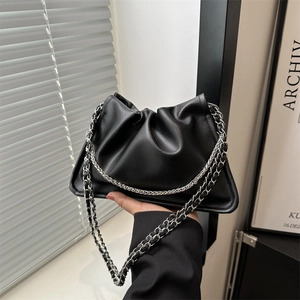 Women Ruched Baguette Shoulder Bag PU Leather Pleated Underarm Bag With Silver Chain Cloud Bag Korean Fashion Street Handbag