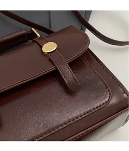 Detail of dark brown lychee leather texture and golden metal snap buckle closure