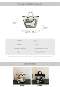 Detailed size chart for the canvas tote bag showing dimensions 44x31x23cm and strap types