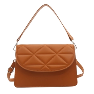 Minimalist brown quilted faux leather square shoulder bag with silver hardware accents