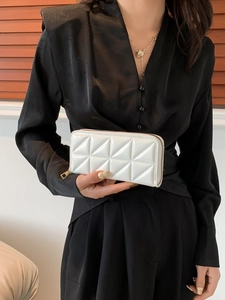 Chic white quilted faux leather long wallet for women with golden zipper and sleek design