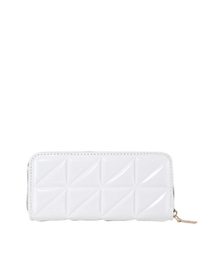 White glossy quilted faux leather long wallet for women with golden zipper closure