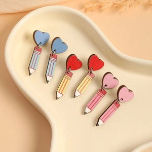 Creative Pencil Heart Dangle Earrings Wood Colorful School Stationery Theme Jewelry For Women Teachers Gift