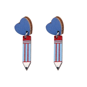 Handcrafted wooden pencil heart earrings for teacher appreciation in blue and red