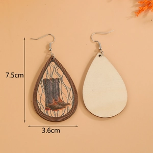 Detail view of teardrop western cowboy boot earrings showing 7.5cm by 3.6cm size dimensions