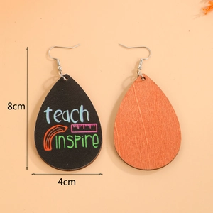 Teardrop wood earrings with Teach Inspire print, pencil and ruler designs, 8cm height
