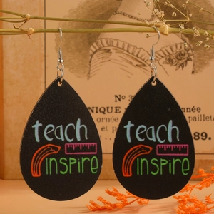 Teardrop Earrings Wood Printed Teach Inspire Pencil Ruler Teacher Appreciation Gift Back To School Fashion Jewelry Women