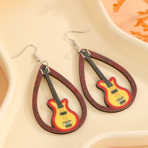 Détails de boucles d'oreilles goutte en bois avec motif guitare vintage dégradé soleil