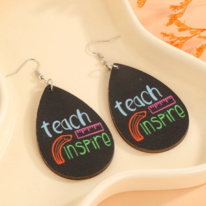 Teardrop earrings for teachers featuring rainbow teach inspire text and pencil graphics