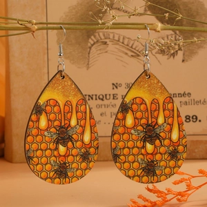 Bohemian Wood Teardrop Earrings Honeycomb Bumblebee Print Retro Exaggerated Jewelry For Women With Silver Earring Post