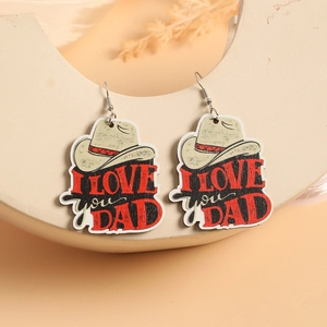 Wooden Fathers Day Dangle Earrings Super PAPA I Love You Dad Mustache Heart Cowboy Hat Novelty Jewelry Gift