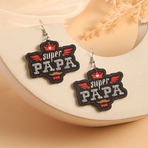 Western style wooden earrings with Super Papa print and crown wings for Father's Day