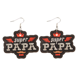 Western style wooden earrings featuring super PAPA print with red wings and heart crown