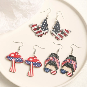 Pendientes Colgantes de Madera Bandera Americana Mariposa Seta Niña para Mujer Día de la Independencia Patriótico 4 de Julio