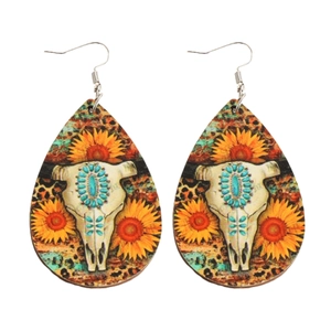 Orecchini a goccia stile western con teschio di toro girasole e stampa leopardata retrò