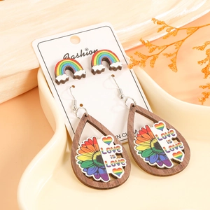 Retro wooden rainbow peace sign earring set with Love is Love heart and sunflower design