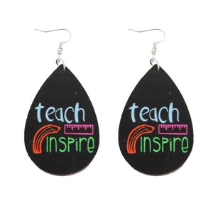 Teardrop teacher earrings with rainbow pencil and inspire text on black faux leather