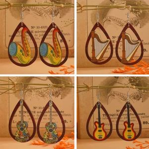 Boucles d'Oreilles Goutte en Bois Vintage Imprimé Instruments Musique Guitare Saxophone Harpe Pour Femme Bijoux Ethnique