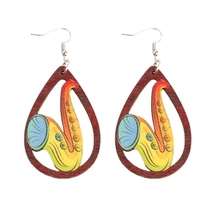 Boucles d'oreilles rétro en bois en forme de goutte avec imprimé saxophone coloré