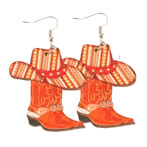 Western cowboy style drop earrings featuring red boots and hat charms on white background