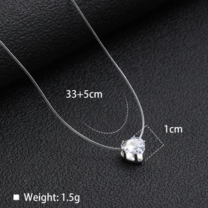 Close-up of heart-shaped zircon necklace with invisible line and size dimensions