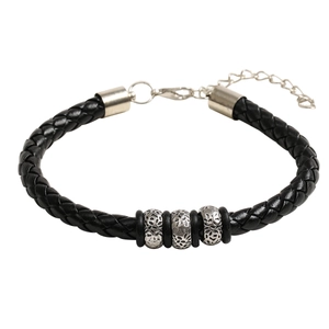 Pulsera de cuero trenzado negro vintage con cuentas plateadas retro y cierre de langosta