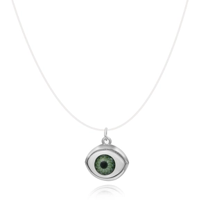 Invisible fishline necklace with silver devil's eye pendant and green iris detail