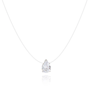 Minimalist transparent fishing line necklace with a teardrop zircon pendant and silver claws