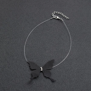 Minimalist black tulle butterfly choker with crystals on invisible fishing line chain