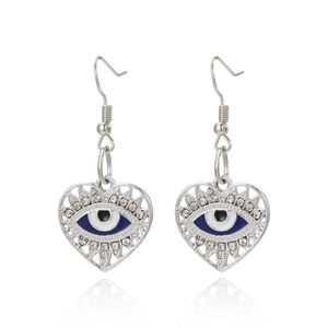 Retro heart-shaped Evil Eye drop earrings with silver metal and white rhinestones