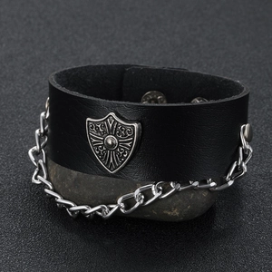 Wide Leather Bracelet Alloy Shield Metal Chain Punk Rock Hip Hop Vintage Bangle For Men Unisex