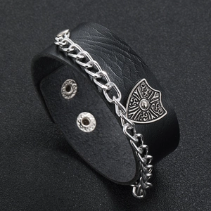 Punk style wide black leather bracelet with silver metal chain and shield pendant for men