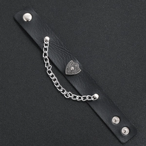 Men's retro punk wide leather bracelet with silver shield badge and metal chain detail