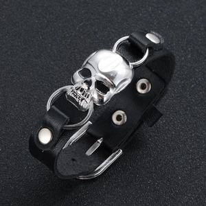 Punk Skull Head Leather Bracelet For Men Women Gothic Street Style Black Alloy Metal Rivet Adjustable Belt Buckle Hand Jewelry