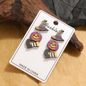 Parure de boucles d'oreilles Halloween en bois avec chapeau, citrouille et botte