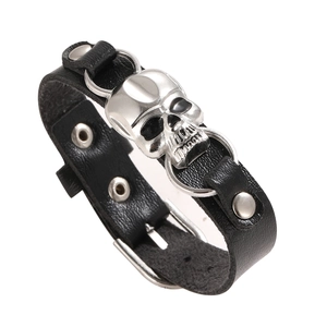 Punk black leather bracelet with silver skull charm and adjustable metal buckle