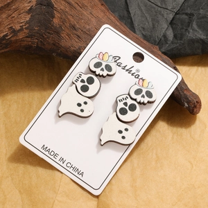 Lot de boucles d'oreilles Halloween en bois rétro avec fantôme et tête de mort