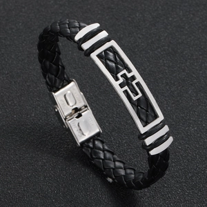 Men Vintage Woven Leather Bracelet Stainless Steel Cross Charm Polished Magnetic Clasp Fashion Jewelry Gift For Men Black Silver
