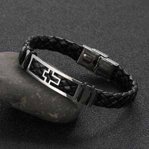 Men's black braided leather bracelet with a silver stainless steel cross charm