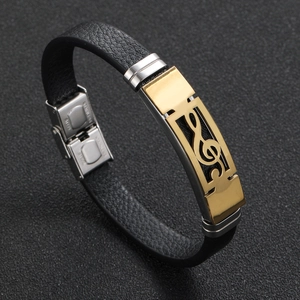 Men Stainless Steel Leather Bracelet Gold G-Clef Music Note Bangle Fashion Musical Theme Jewelry Gift