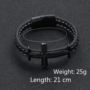 Detail of black leather men's cross bracelet with white stitching, 21cm length, 25g weight
