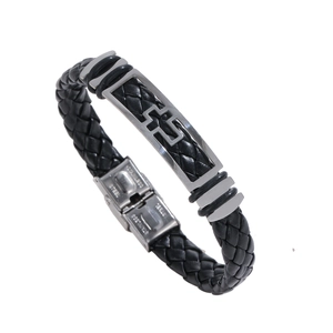 Men's black braided leather bracelet with stainless steel cross charm and secure clasp