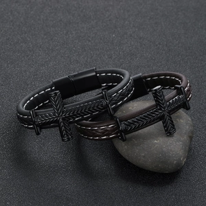 Men's punk leather cross bracelet set with magnetic clasp and woven texture